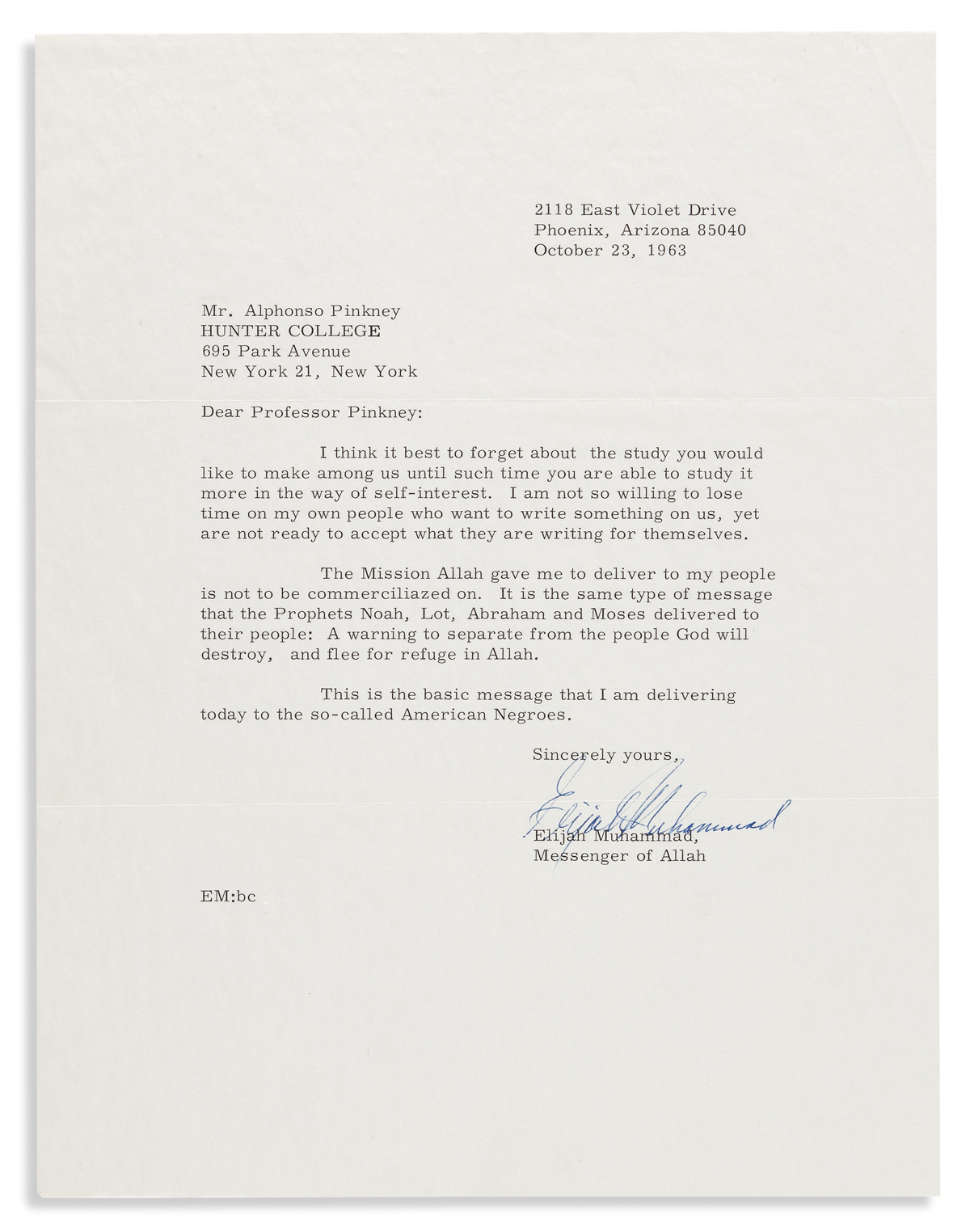 (ISLAM.) Elijah Muhammad. Letter dismissing a proposed academic study of the Nation of Islam.